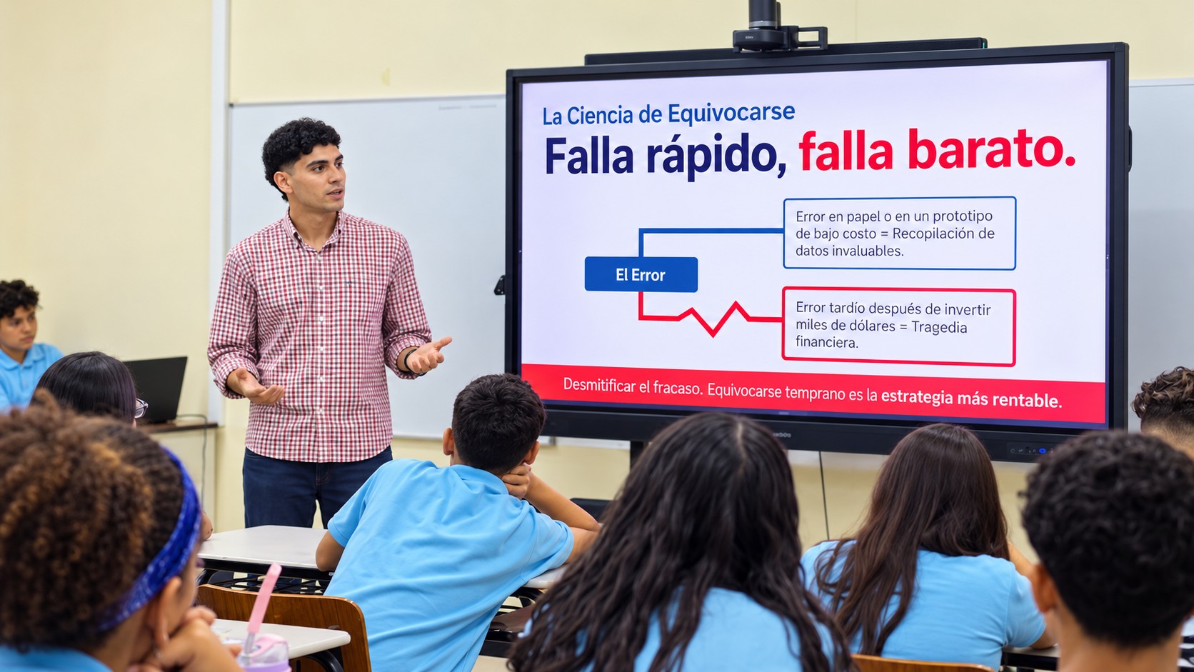 Fabián García presents the value of learning from mistakes during a youth innovation session